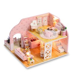 Diy Handmade Pink Wooden Miniature Dollhouse Prague Dream Doll House Furniture Kit Home Toys For Girls Birthday Gift Th497