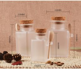 20 pcs/Lot Square Shape Cosmetic Containers 100g 200g 300g ABS Scrub Bath Salt Face Mask Jars With Cork Stopper Wooden Spoon