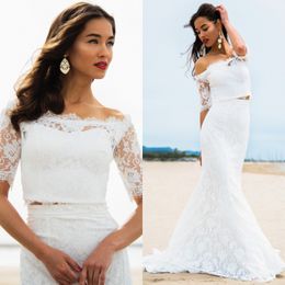 Mermaid Wedding Dresses Two Peice Suit Off Shoulder 1/2 Sleeve Appliques Lace Wedding Gowns Sweep Train Bridal Dresses