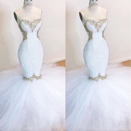 Sexy Gold Appliqued Lace Mermaid Prom Dresses Sweetheart Beaded Red Carpet Evening Gown Floor Length Tulle Plus Size Formal Dress