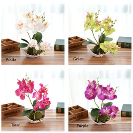 2Set Trigeminal Phalaenopsis simulation bonsai Artificial plant flower + pot decorative flower set Home table bedroom accessory