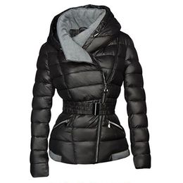 2019 Winter Coats Women Parkas Cotton Warm Thick Short Jacket Coat with Belt Slim Casual zipper Gothic Black Outerwear Overcoats