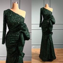 2020 Arabic Aso Ebi Dark Green Sexy Evening Dresses Mermaid Sequined Prom Dresses Cheap Formal Party Second Reception Gowns ZJ316