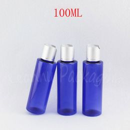 100ML Blue Plastic Bottle With Silver Disc Top Cap , 100CC Makeup Sub-bottling , Cosmetic Water / Lotion Packaging Bottle