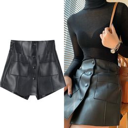 Spring new women high wasit elastic band single breasted PU leather pockets patchwork culottes shorts plus size S M L