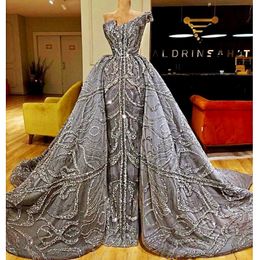 Luxuriöse One-Shoulder-Abendkleider mit großen silbernen Pailletten und Perlenüberrock, Abendkleid, Vestido de Novia, formelle Promi-Kleider
