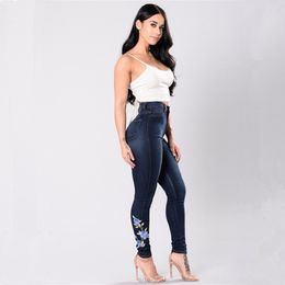 Lady Casual Jeans Pants Europe Russia New Trend embroidery flowers Jeans cute blue Cotton Denim Patchwork pockets Button zipper long Pants