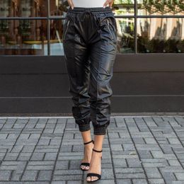 Capris Faux Leather Pants Harajuku Girls High Waist Elastic PU Trousers 2019 Hip Hop Zipper Women Black Cargo Pants pantalon femme D30