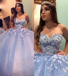 New Blue Quinceanera Dresses Ball Gown Sweetheart Lace Appliques Crystal Beaded 3D Floral Flowers Sweet 16 Party Prom Dress Evening Gowns 403