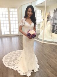 Setwell V-neck Mermaid Summer Beach Wedding Dresses Short Sleeves Fully Lace Appliques Sexy Backless Bridal Gowns