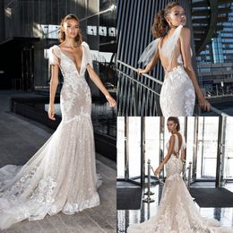 plunging v neck mermaid dresses with delicate lace applique sequined beach wedding gowns backless sweep train robes de marie