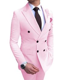 Excellent Pink Men Wedding Tuxedos Double-Breasted Groom Tuxedos Fashion Jacket Men Business Dinner/Darty Suit(Jacket+Pants+Tie) 206