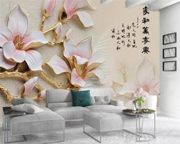 Custom 3d Flower Wallpaper HD Embossed Golden Magnolia Flower Living Room Bedroom TV Background Wall Silk Wallpaper