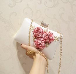 White PU Flowers Rhinestones Evening Bag Wedding Purse Finger Ring Diamonds Chain Shoulder Handbags Crystal Evening Bag