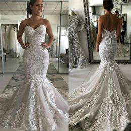 Elegant Mermaid Wedding Dresses Sweetheart Lace Appliqued Sweep Train Bridal Gowns Plus Size Backless Bridal Gowns vestido de novia