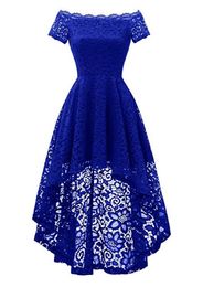 New A-line Off-shoulder Floral Lace Zipper Back Short Sleeves Cocktail Party Dress Hi-Lo Bridesmaid Dress Weddings Guest Dress