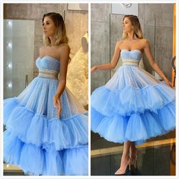 2020 Arabic Aso Ebi Sparkly Sexy Evening Dresses Beaded Crystals Prom Dresses Sequined Tea Length Formal Party Second Reception Gowns ZJ544