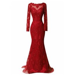 Emerald Red Lace Long Evening Dress Long Sleeves Beads Sweep Train Women Sexy Sequins Formal Pageant Gown For Prom Party