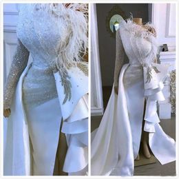 2020 Arabic Aso Ebi Evening Dresses One Shoulder Sparkly Crystals Feather Prom Dress Formal Party Reception Gowns