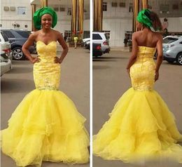 Prom Yellow Mermaid Dresses Lace Applique Tiered Skirt Organza Sweetheart Neckline Beaded Crystals Floor Length African Evening Gown