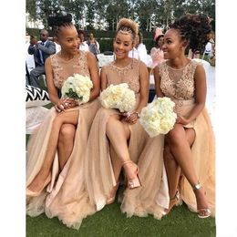 Champagne Tulle Applique Pearls Bridesmaid Dresses Side Split Sexy African Women Wedding Guest Dress Prom Party Evening Gowns Formal Cheap