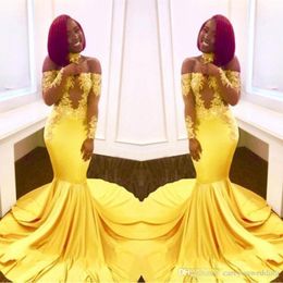 Charming Yellow Off shoulder Prom Dresses Mermaid Illusion Lace Sequin Long Sleeves Keyhole Satin Sweep Train Plus Size Party Evening Gowns