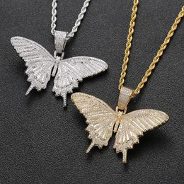 Iced Out Animal Butterfly Pendant Necklace With Rope Chain Gold Silver Cubic Zircon Men Women Hiphop Rock Jewelry