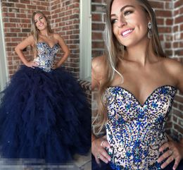Navy Blue Ruffles Nude Top Quinceanera Prom Dresses 2019 Beading Crystal Strapless Corset Back Vestido De Dress For Sweet 16 Girls Pageant