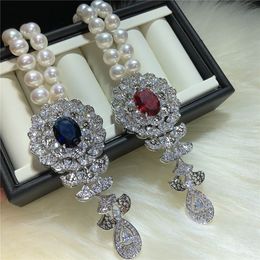 Fashionable natural freshwater pearl 8-9mm red blue zircon micro inlaid accessories pendant necklace long 45cm