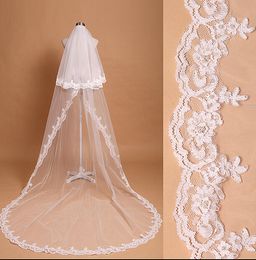 Elegant Best Selling High Quality Real Picture Two Layer Lace Applique Edge Wedding Veils Bridal Ivory White Cathedral Length Alloy Comb