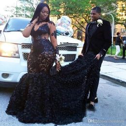 2020 Luxury Sexy Black Mermaid Prom Dresses High Neck Long Illusion Sleeves Back Zipper Plus Size Custom Made Formal Evening Gowns