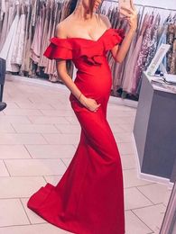 Red 2020 cheap Prom Dresses Off the Shoulder Ruffled V-Neck Mermaid Long Prom Gown for Pregnant Women Elegant Evening Dresses