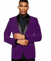 Brand New Purple Velvet Groom Tuxedos Black Shawl Lapel Groomsman Wedding 2 Piece Suit Fashion Men Prom Jacket Blazer(Jacket+Pants+Tie) 86