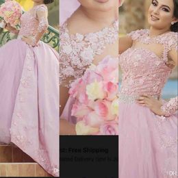 Pink New Ball Gown Girls Pageant Dresses Jewel Neck Lace Appliques Beads Long Sleeves Puffy Flowers Sweep Train Kids Party Birthday Gowns 403