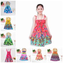 Girls Dresses Bohemia Beach Princess Sling Dress With Necklace Summer Sleeveless Baby Clothes Flower Children Clothing 14 Designs DHW2250