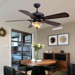 Restaurant Ceiling Fan Pendant Light Living Room American Retro Industrial Remote Control Antique Wood Leaf Fan Lamp