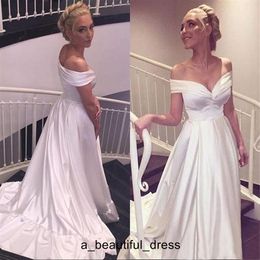 Sexy Evening Dresses A Line Off the Shoulder Ruched Sleeveless White Prom Party Gowns with Sweep Train Cheap High Quality ED1305