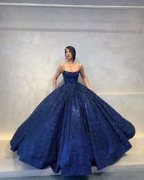 Dark Navy Sequined Ball Gown Prom Dresses Long 2019 New Cocktail Party Dresses Formal Elegant Evening Gowns