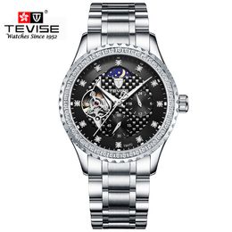 TEVISE Luxury Men Stailness steel Band Automatic Watch Fashion Men Moon phase Diamond Luminous Mechanical Clock228l