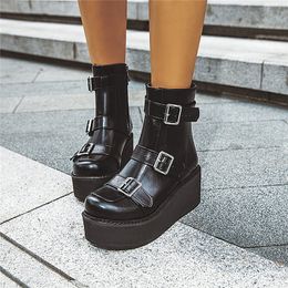Autumn Brown Black Goth Platform Boots Women Buckle Strap Wedges Shoes Gothic Punk Creepers Ankle Boot
