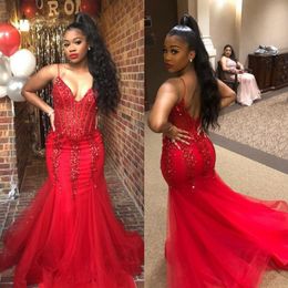 Shining Sequined Mermaid Backless Prom Dresses V Neck Beaded Evening Gowns Plus Size Floor Length Tulle Formal Dress