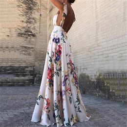 famous brandFloral Print Dresses Women Summer Sleeveless V-Neck Backless Vintage Long Boho Party Cocktail Casual Loose Beach Pink Dress 2019