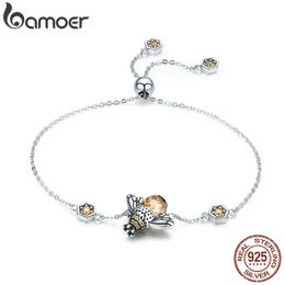 Genuine 100% 925 Sterling Silver Dancing Honey Bee Chain Link Women Bracelet Crystal Big Stone Bracelet Jewellery SCB043