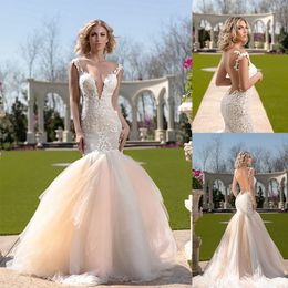2020 Mermaid Wedding Dresses V Neck Appliqued Sleeveless Bridal Gown Backless Ruffle Tiered Skirts Colorful Train White Vestidos De Novia