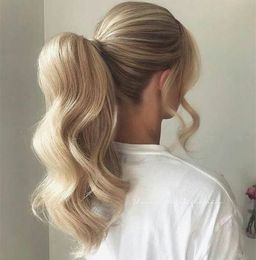 Honey Blonde Clip In Human Hair Ponytail Extensions 12/16/20 inches Natural Body Wave Hair Piece Wrap Around Pony Tail For Women