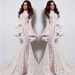 2020 New Sexy Arabic Long Sleeves Evening Dresses Mermaid Style Floor Length Long Fashion Party Dress Appliques See Through Prom Gowns 2017