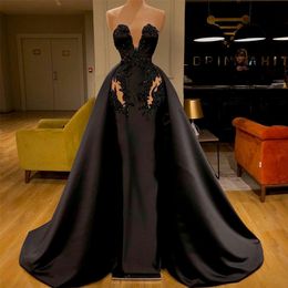Elegant Black Satin Evening Dresses with Beads Sweetheart Overskirt Prom Gowns 2020 Custom Made Celebrity Dress