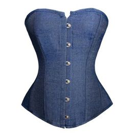 Women Blue Denim Jeans Overbust Corset Plus Size S-6XL Classic Lace-up Plastic Boned Bustier Lingerie Night Out Clubwear Cosplay Outwear