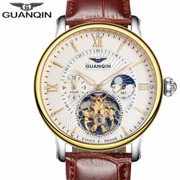 GUANQIN Luxury Top Brand Tourbillon Skeleton Wristwatch Men Fashion Casual Leather Automatic Mechanical Watch Relogio Masculino