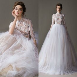 Generous A Line Wedding Dresses Floral High-neck Long Sleeves Beaded Appliqued Wedding Gown Sweep Train Custom Made Vestidos De Novia